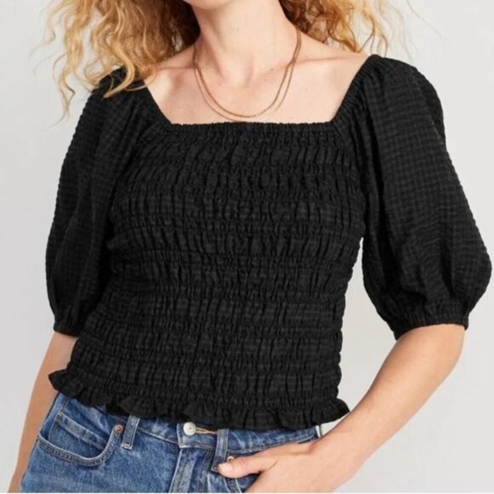 Old Navy Smocked Puff Sleeve Blouse Peasant Top Short Sleeve Black Size XL NEW